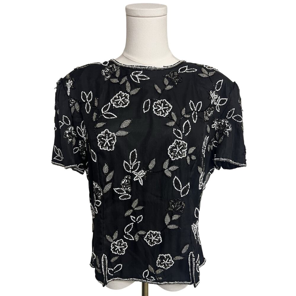 Scala Womens Silk Short Sleeve Beaded‎ Dressy Top Size XL Black Floral Sparkly